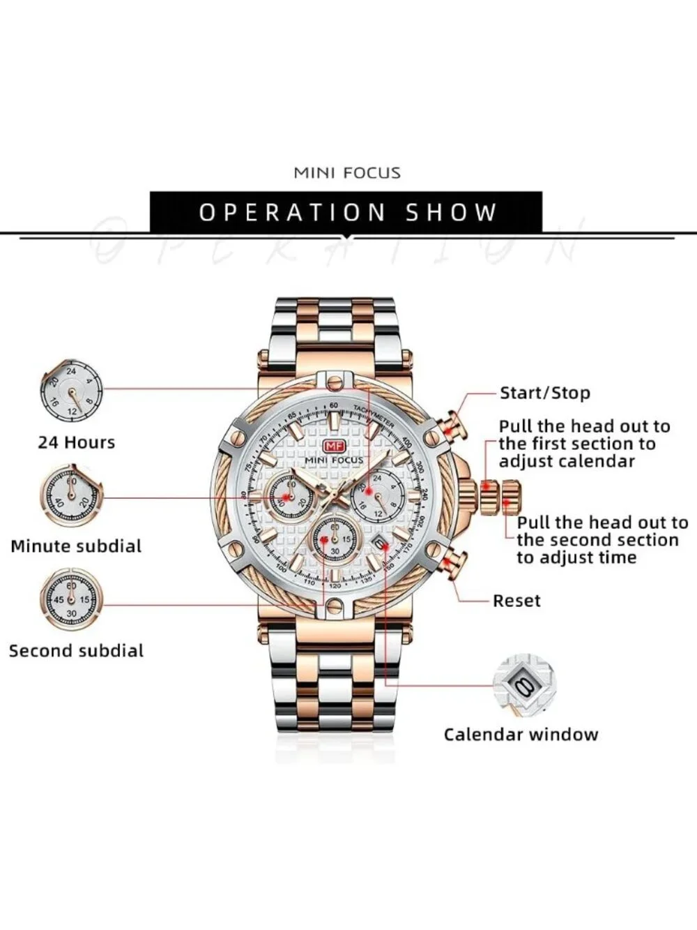 Mens Silver Rose Gold Stainless Steel Band Chronograph Waterproof Luminous Watch